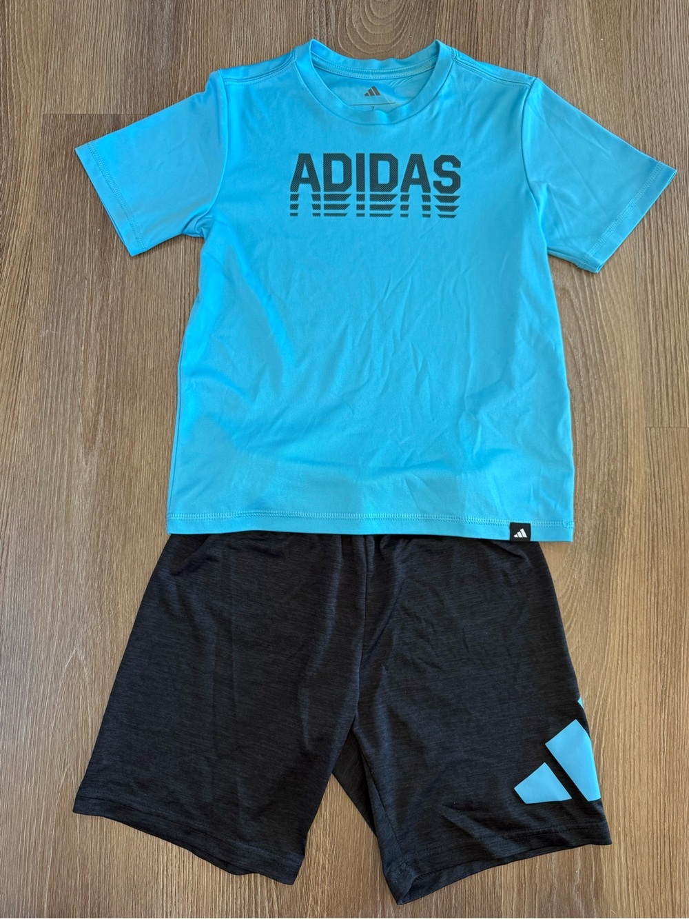 Adidas Aqua Blue Tee with Black Athletic Shorts Set- size 7